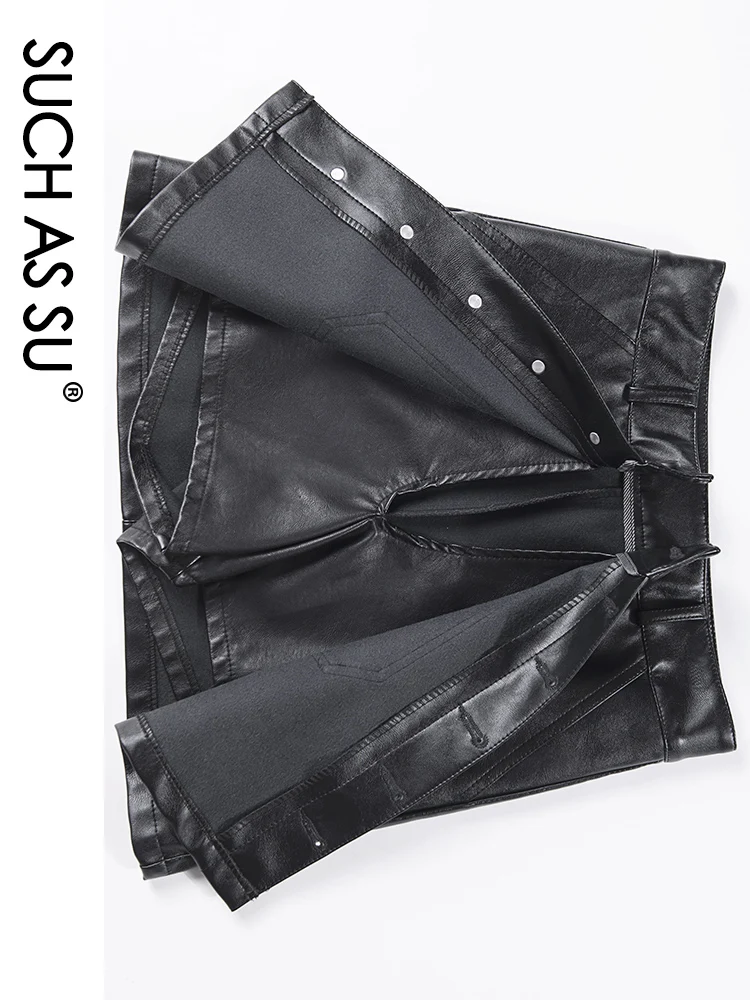 Женская кожаная юбка с высокой талией черная трапециевидная мини-юбка из