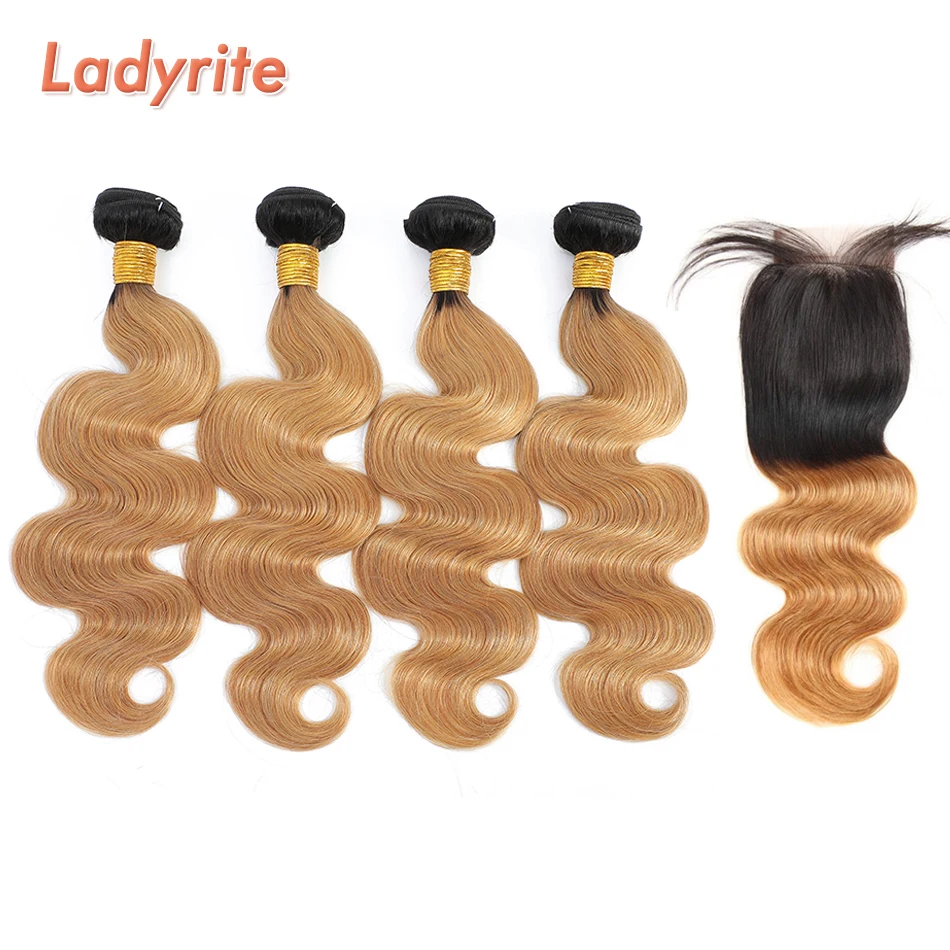 

Ladyrite 1B/27 Ombre Brazilian Body Wave Hair Bundles With Closure Honey Blonde Human Hair 4 Bundles with Lace Closure Remy Hair