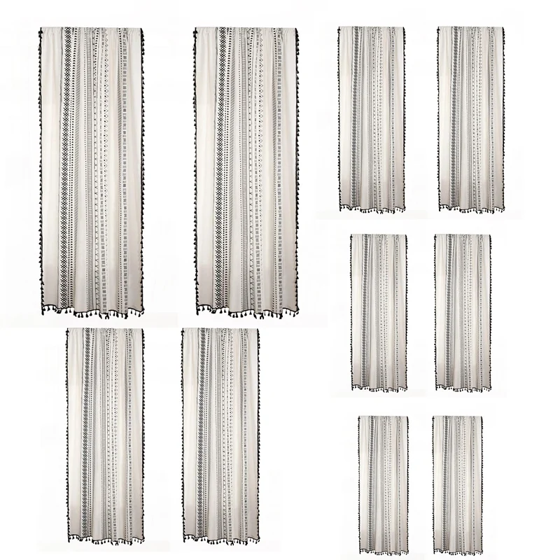 

2-Panel Boho Style Black Striped Window Curtains with Tassel Cotton Linen Curtain for Bedroom Rod Pocket Top