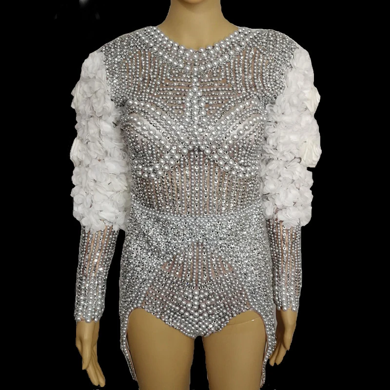 Боди Стразы с белыми цветами комбидресс жемчужинами для празднования дня