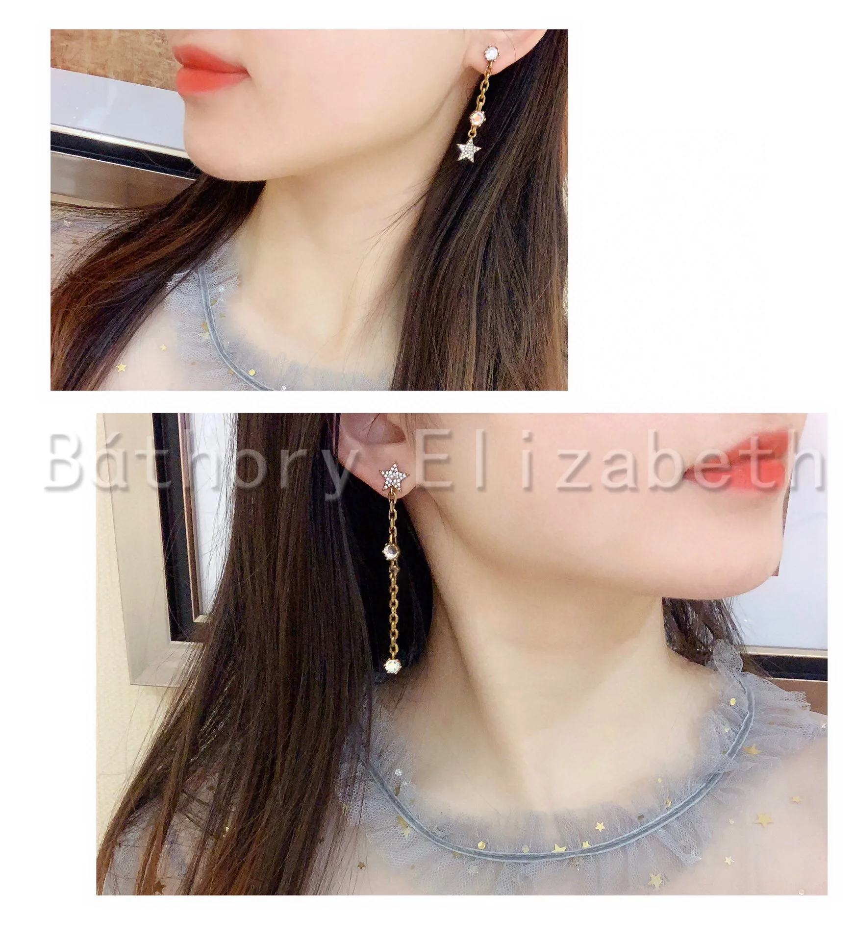 

Bathory Elizabeth New Long Asymmetrical Exquisite Letter Female Earrings Temperament Stars Earrings Jewelry Rhinestone Earrings
