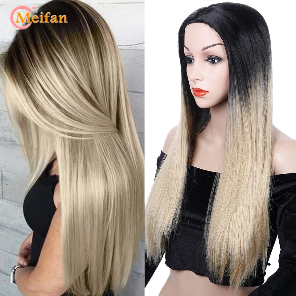 Женские длинные прямые волосы MEIFAN черные парики Омбре красного синего розового