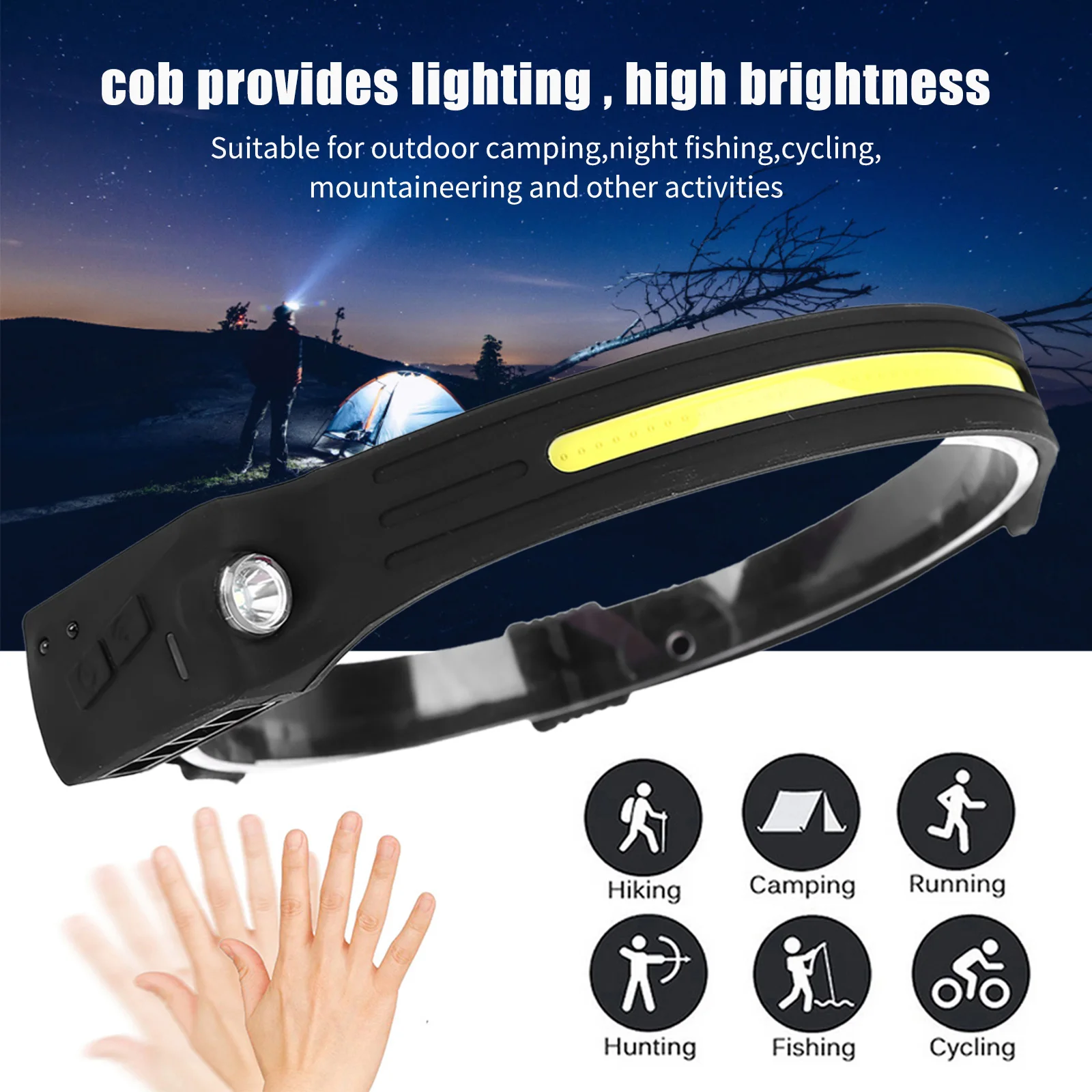 

LED Lightbar Headlamp Viewing Angle Wave Induction USB Rechargeable Head Light Outdoor Camping Hunting Night Riding Headlight