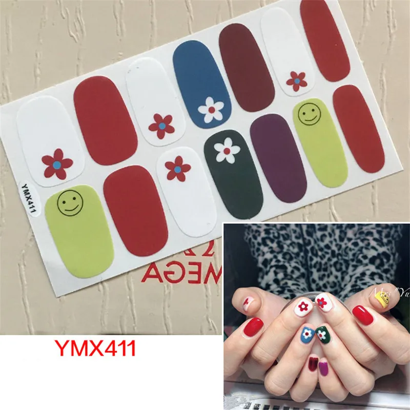 YMX411 14 стикеров с блестками, полное покрытие, наклейки для ногтей, обертывания, сделай сам, для цветов, для красоты, нейл-арта, простые наклейки, s маникюр,, Предварительно Разработанный - Цвет: YMX411