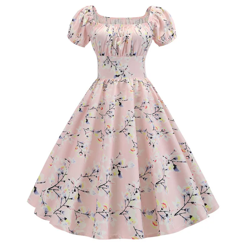 

Vintage Square Collar Print Cocktail Dress Women Summer Casual Short Puff Sleeves Slim A-Line Elegant Party Dress Female Vestido