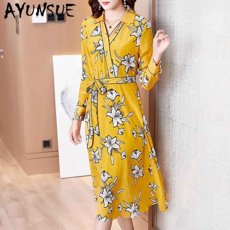 Real Silk Dress Women Spring Summer Dress Korean Fashion Print Midi Dress Elegant Vintage Party Dress Vestido Mujer P1041 YY2594