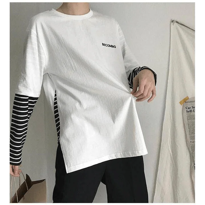 

Spring/autumn Tshirt Women T Shirt Men Long-sleeved T-shirt Students Fake Two-piece Top Harajuku Loose Korean Ulzzang Striped
