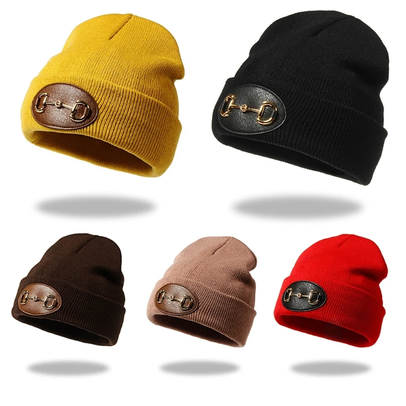 

F3MD Knitted Beanie Hat with Metal Buckle Decor Warm in Freezing Winter Winter with Ear Protection