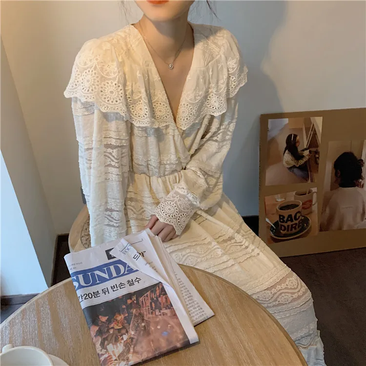 

Women Dress 2020 New Spring Summer Elegant Long Lace Dress High Waist Sexy V Neck Party Dresses Vestido Robe Mujer