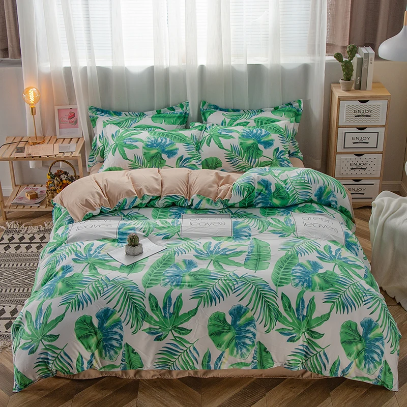 Пододеяльник с зелеными листьями наволочка 3 шт. 220x240 /200x200 /175x220 односпальный