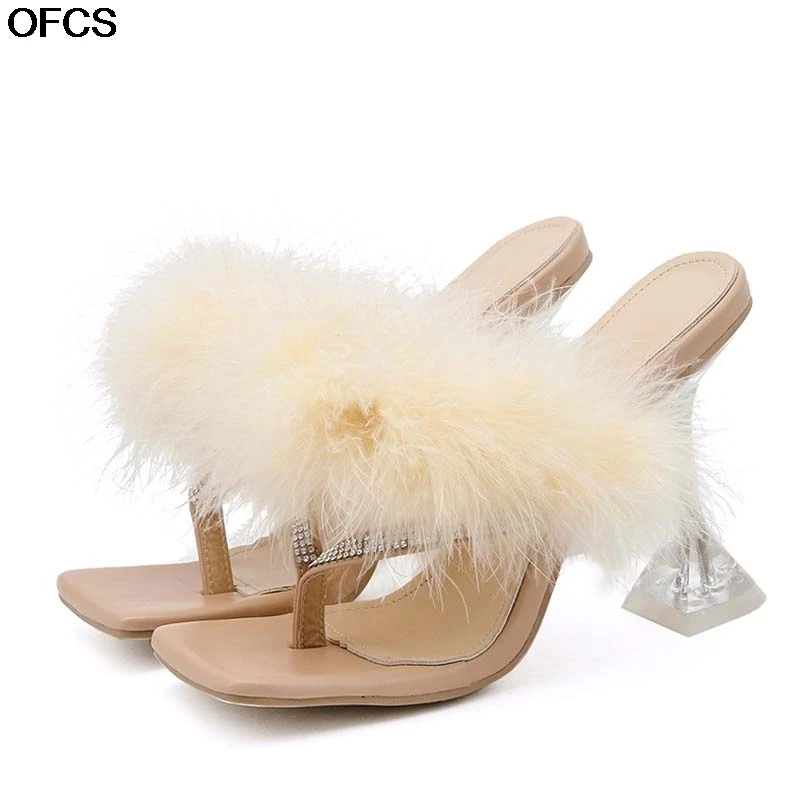 

Square Toe Perspex Heels Women Slippers Sandals Fashion Hairy Slides Transparent Rhinestone Women Slides Female Flip Flop Shoes