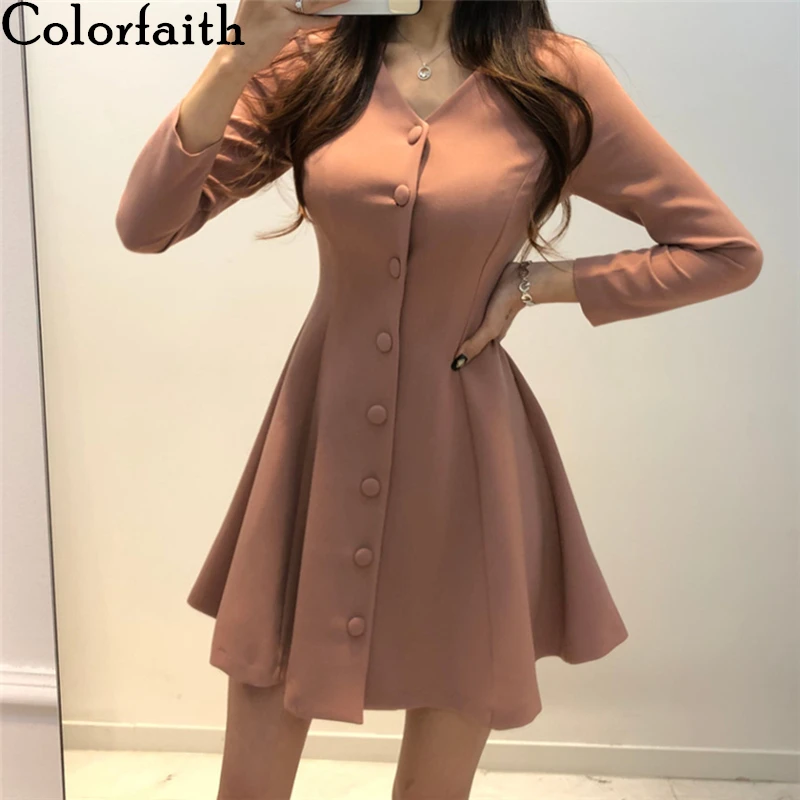 Женское однобортное платье Colorfaith однотонное повседневное с v образным вырезом и