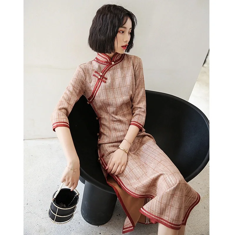 Китайский национальный Ципао платья в клетку пикантное платье средней длины