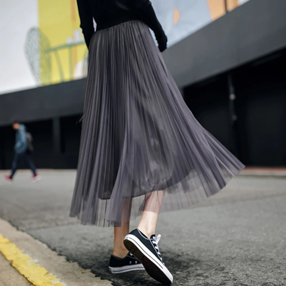 Женское повседневное фатиновое кружевное платье Однотонная юбка с высокой