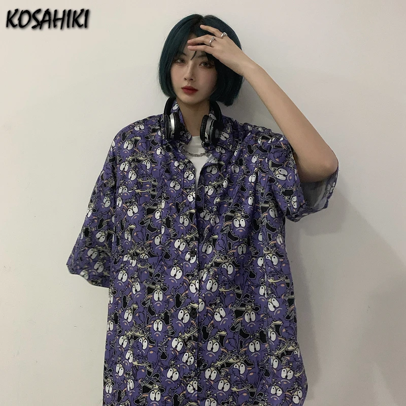

KOSAHIKI 2021 летняя уличная Стиль короткий рукав женская футболка с принтом на пуговицах Свободные женские Блузка Y2K модные женские топы