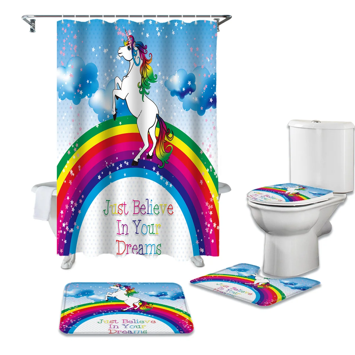 

Cartoon Unicorn Rainbow Waterproof Bath Shower Curtain Rug Set Non-slip Bath Mat Toliet Cover Polyester Shower Curtain