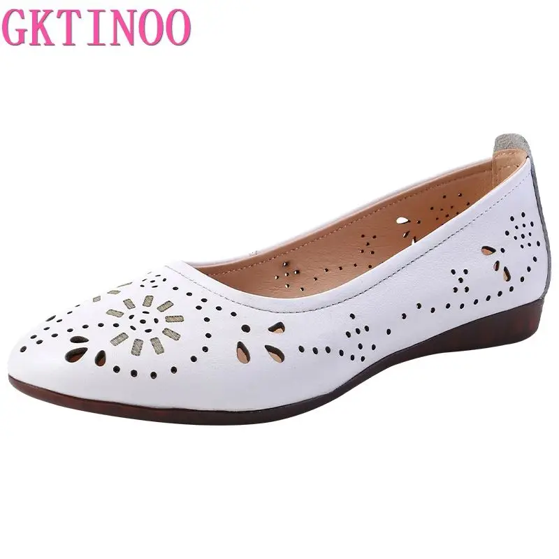 

GKTINOO Breathable Genuine Leather Summer Shoes Woman 2021 Flat Low Heel Hollow Out Leather Slip On Shoes For Women Soft