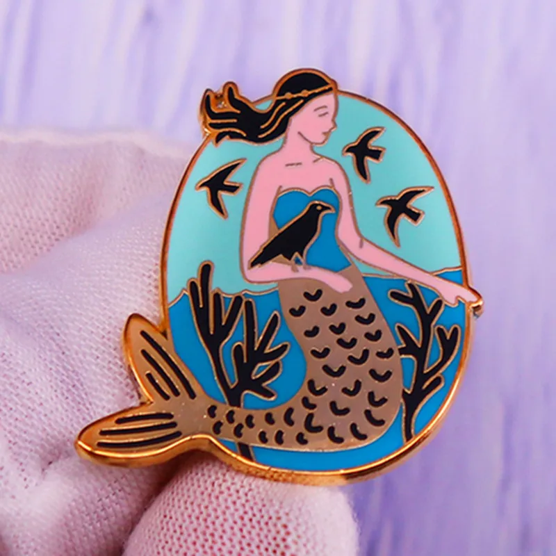 Chough and Mermaid Crow Fairy Tale Brooch Pins Enamel Metal Badges Lapel Pin Brooches Jackets Jeans Fashion Jewelry Accessories