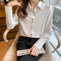 white chiffon women shirt loose autumn casual draped eleant lapel long sleeve female tops office ladies blouses clothing 2021