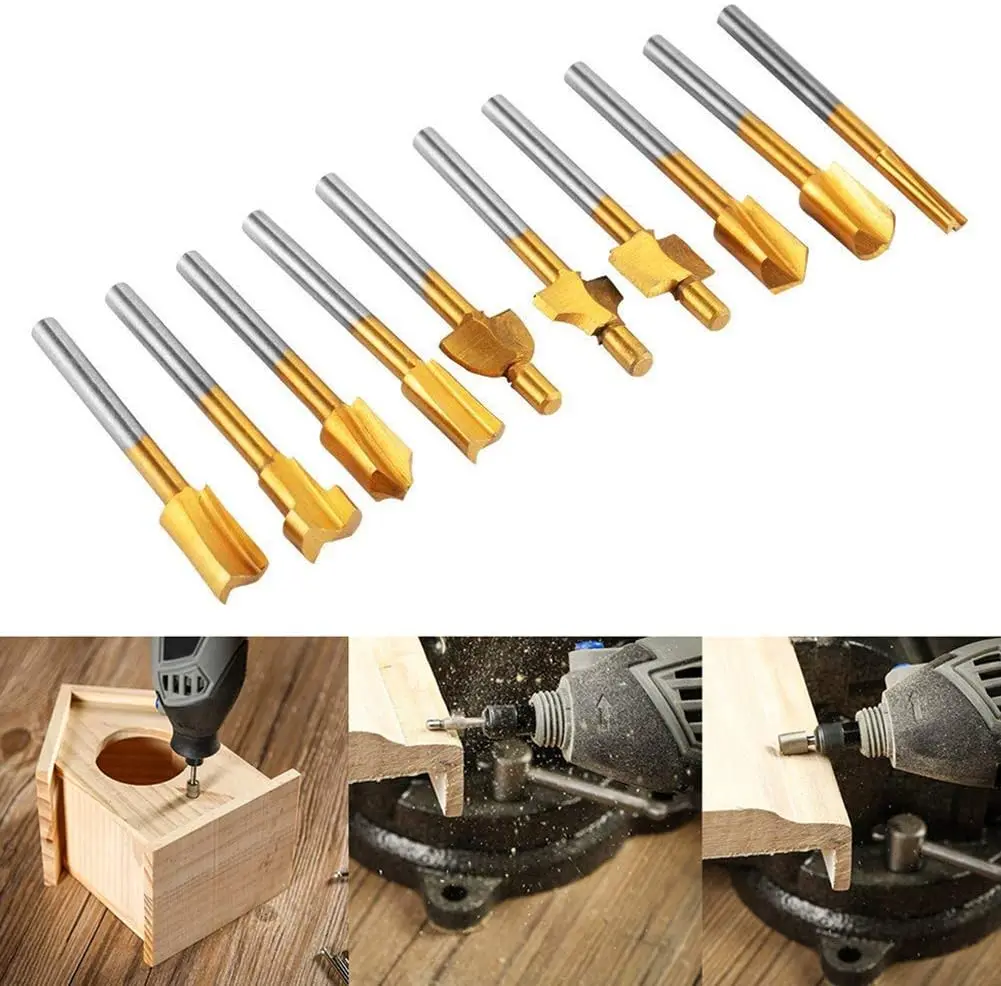 

10pc HSS Router Bits Wood Cutter Milling Fits Dremel Rotary Tool Set 1/8" 3.8mm Shank Carpentry Router Bits For DIY Rotary Tools