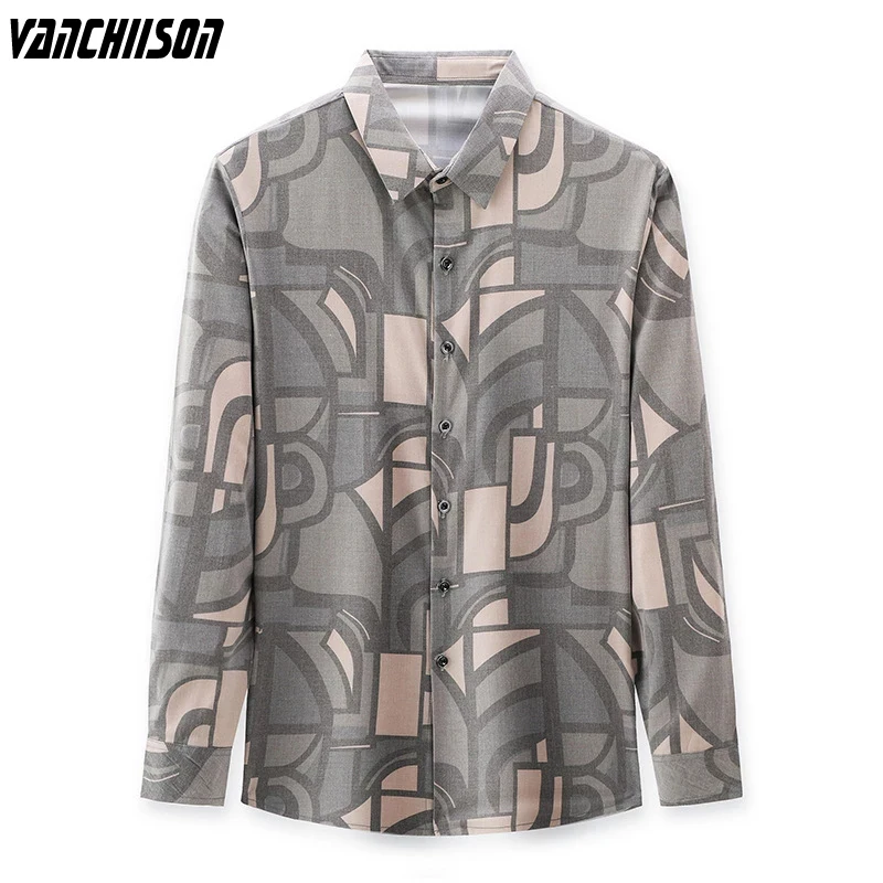 

Mens Brand Vintage Shirt Casual Geometric Abstract 40% Cotton 60% Polyester Spring Summer Long Sleeve Turndown Collar A08231447