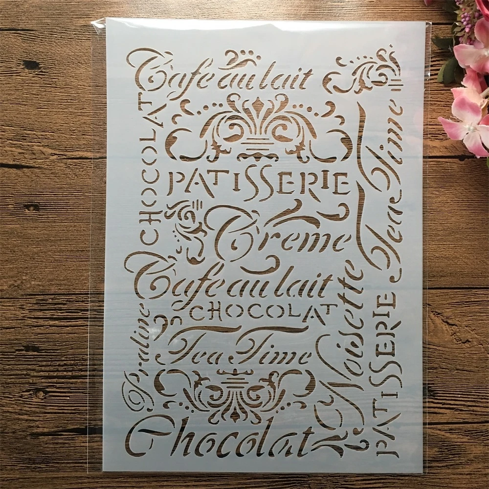 

A4 29cm French Words Texture DIY Layering Stencils Wall Painting Scrapbook Embossing Hollow Embellishment Printing Lace Ruler