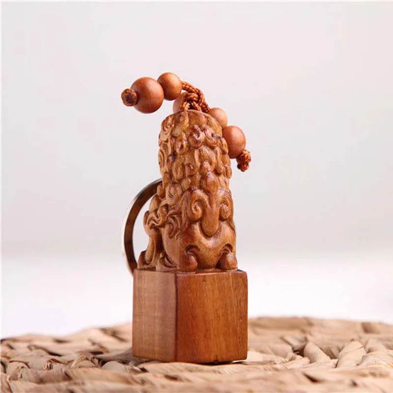 Деревянная 3D Резная Статуя китайского льва ФОО собаки Скульптура кулон