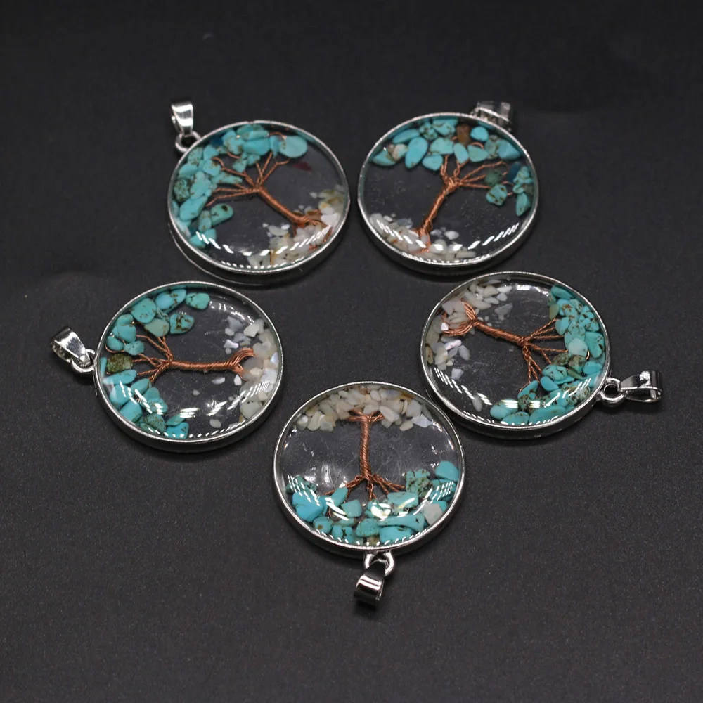 

Tree of Life Pendant Stone Round Transparent Charm DIY Necklace Leaf Green Turquoise Small Fresh Landscape Jewelry 33x33mm