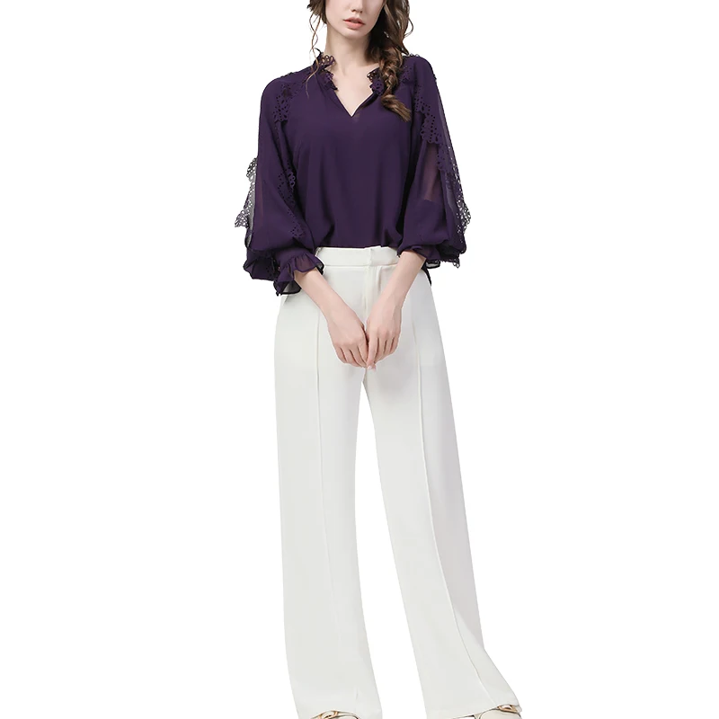 

Fashion Purple Puff Sleeve Chiffon Tops Women 2021 Summer New Loose-fitting V-Neck With Hollow Out Ruffles Casual Office Blouses