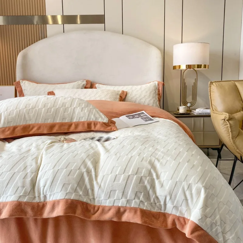 

European Style Carved Bedding Set Luxury Winter Milk Velvet Warm Duvet Cover Bed Linens Pillowcase 4pcs Household Bedspread