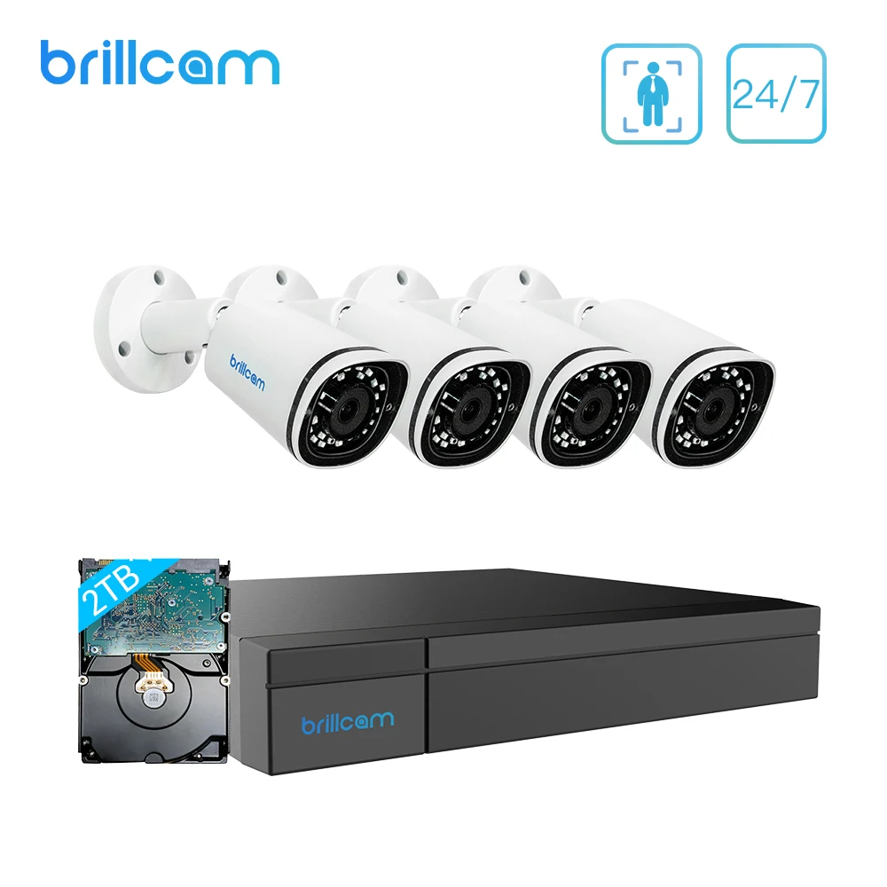 Комплект видеонаблюдения Brillcam 4K 8 Мп каналов POE Nvr 4 IP-камеры 2 ТБ HDD запись звука 24/7 -