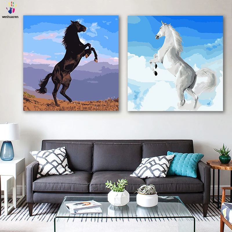 DIY картинки для раскраски по номерам с цветами Белая лошадь Черная картина