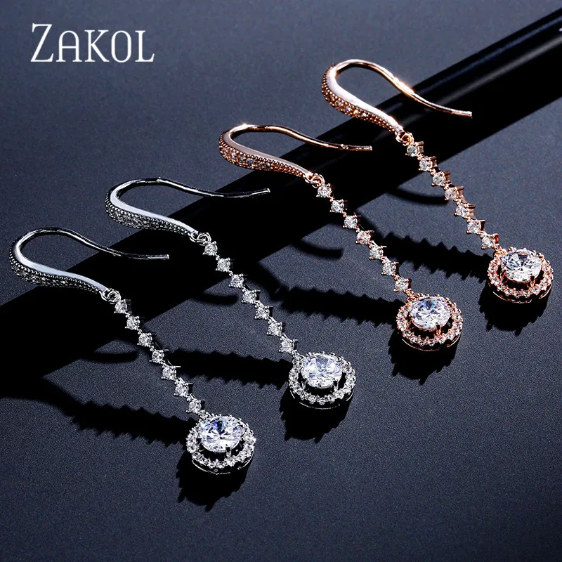 ZAKOL модные круглые циркониевые длинные серьги на крючках для женщин вечерние