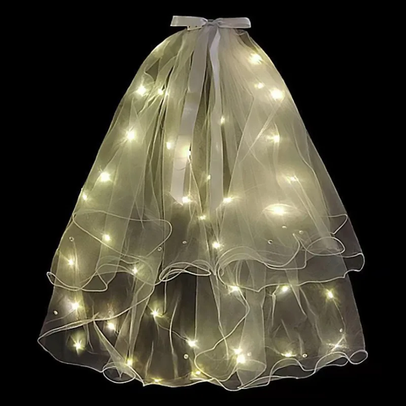 

Hot Sale Veil with Light Luminous Double Super Fairy Double Ribbon Bow Veil with Light Headwear Novelty & Gag Toys light up