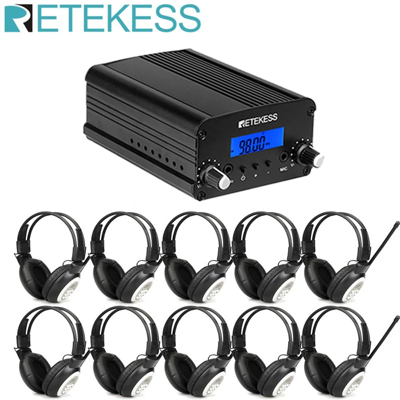 Беспроводной fm-передатчик Retekess TR509 радиостанция стерео + 10 шт. TR101 наушники для