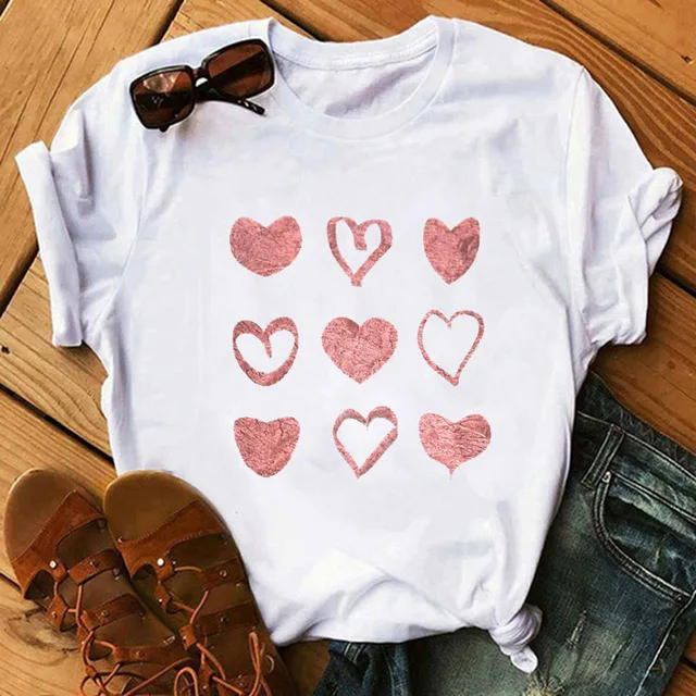 

Women Casual O-collar White Shirt Summer Short Sleeve T-shirt Love Graphic Tshirts Mayaur Heart Flower Print Ladies T-shirt