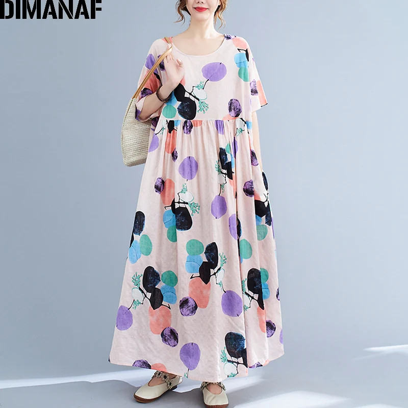 

DIMANAF 2021 Summer Dress Women Clothing Plus Size Sundress Floral Print Long Dress Beach Elegant Lady Casual Oversize 5XL 6XL