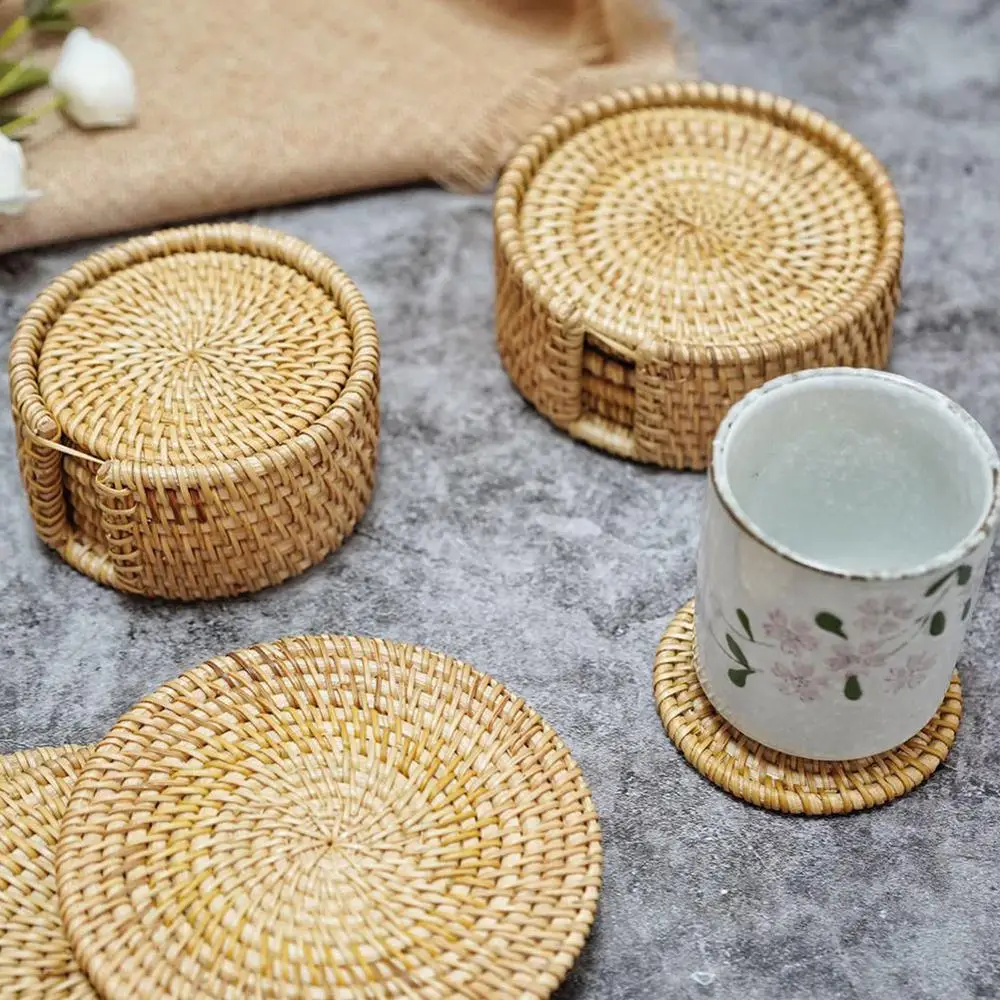 

6PCS/Set Coaster Handmade Rattan Tea Coaster Insulation Pad Round Dining Table Mat Plus Storage Basket Tea Set for Living Room