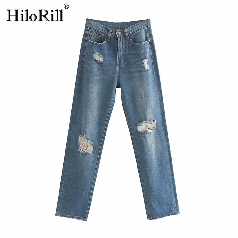 

HiloRill Ripped Jeans Pants For Women High Waist Streetwear Cowboy Trousers Loose Casual Long Pants Ladies Bottoms Jean Femme