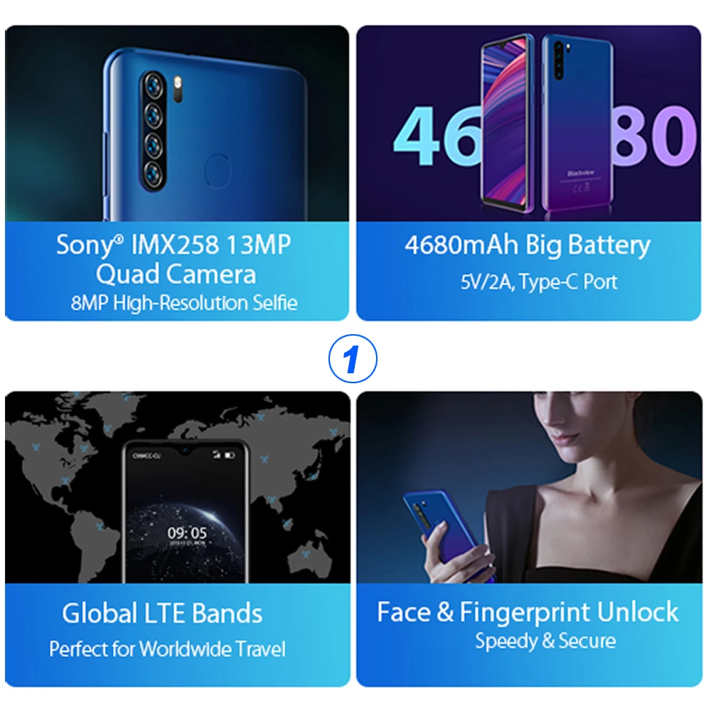Blackview A80 плюс 4 Гб + 64 смартфон на базе восьмиядерного процессора 6 49 ''HD Экран Quad