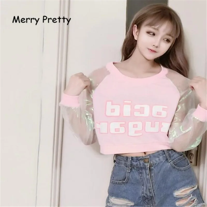 Merry Pretty Harajuku/женская футболка в японском стиле с буквенным принтом, лазерная прозрачная футболка с длинным рукавом в стиле пэчворк, укороченные топы для девушек, Розовый Топ