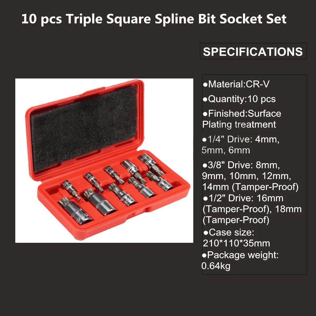 

10pc Bit Socket Set XZN 12 Point MM Triple Square Spline Tamper Proof Bits