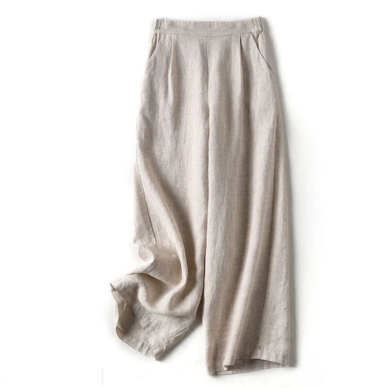 Брюки женские с эластичной завышенной талией Свободные повседневные льняные