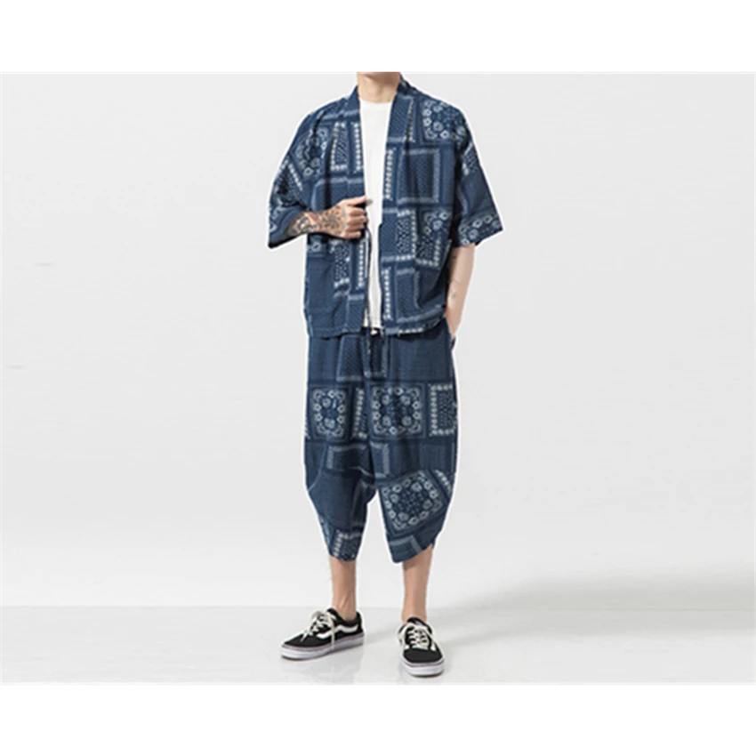 Кимоно мужское из хлопка и льна хаори кардиган в японском стиле Харадзюку