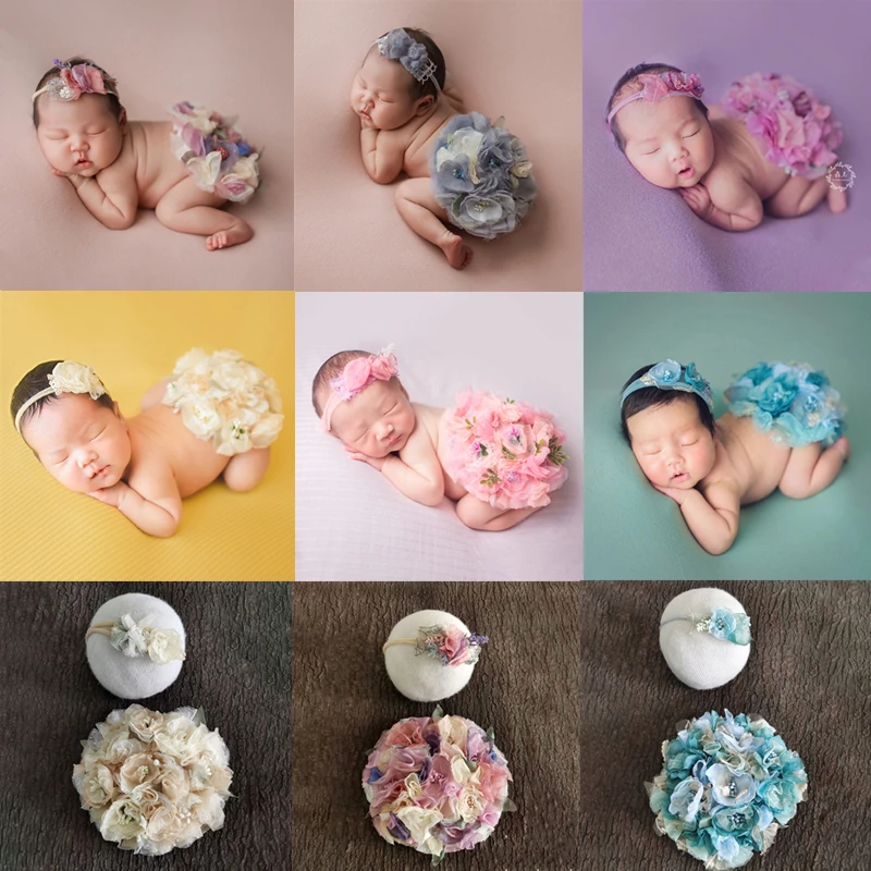 Newborn Photography Clothing Headband+Round Flower Cover 2Pcs/set Baby Girl Photo Props Accessories Studio Infant Shoot Outfits
