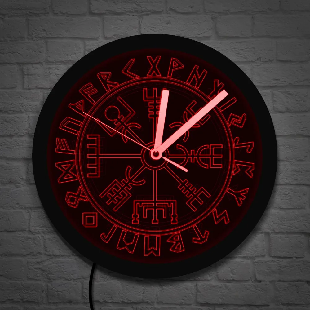 Vegvisir Compass Wall Clock Vikings Symbol Runes LED Neon Clock Viking Scandinavian Modern Wall Clock LED Backlight Wall Watch