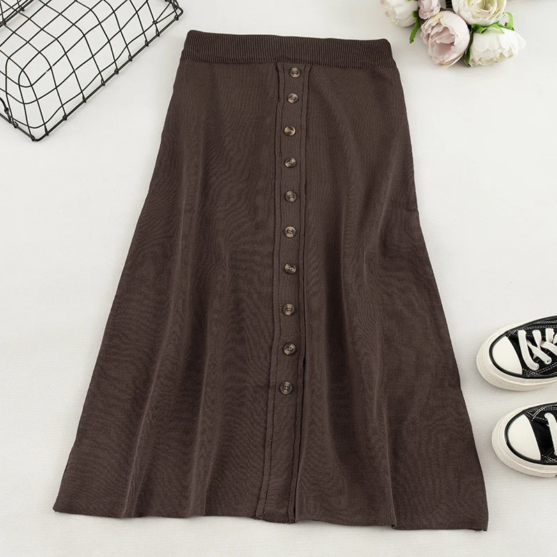 SINGRAIN популярная вязаная женская юбка трапециевидной формы с пуговицами длинные