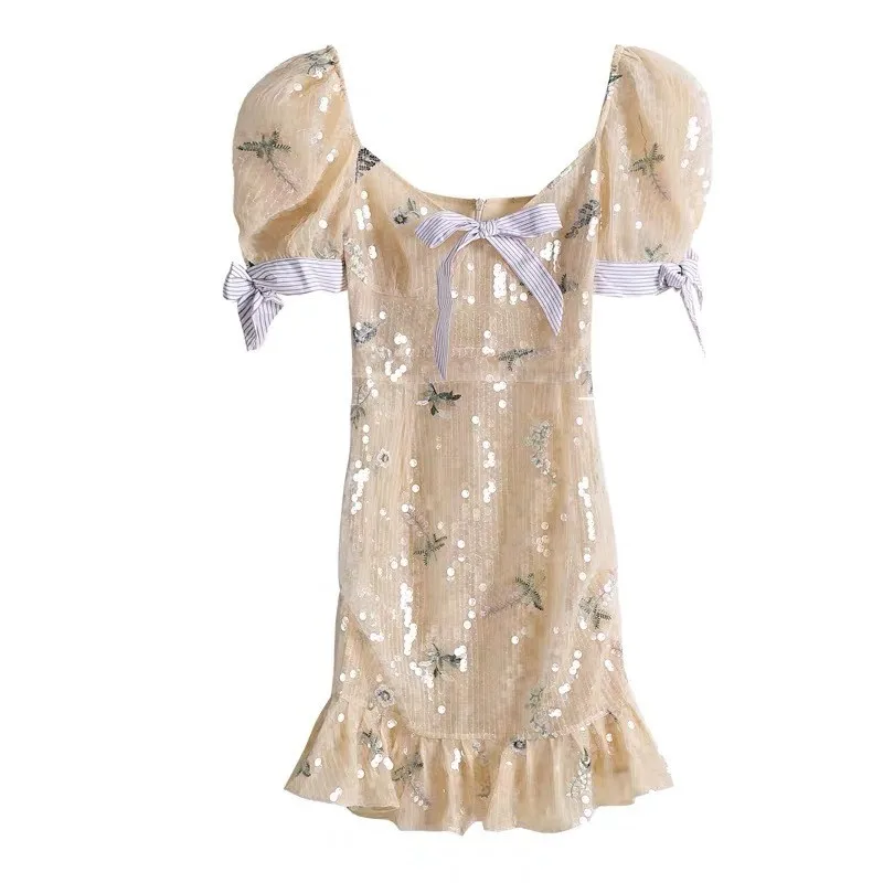 

French Elegant Dress Female Sequined Embroidery Slim Fit Mini Dress Women Sweet Puff Sleeve Bowknot Square Collar Ruffle Dresses