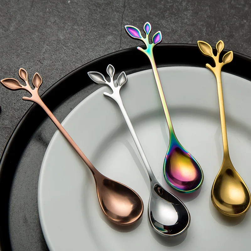 

Personalized creative stainless steel golden leaf spoon coffee stirring spoon fruit fork moon cake fork coffee spoon
