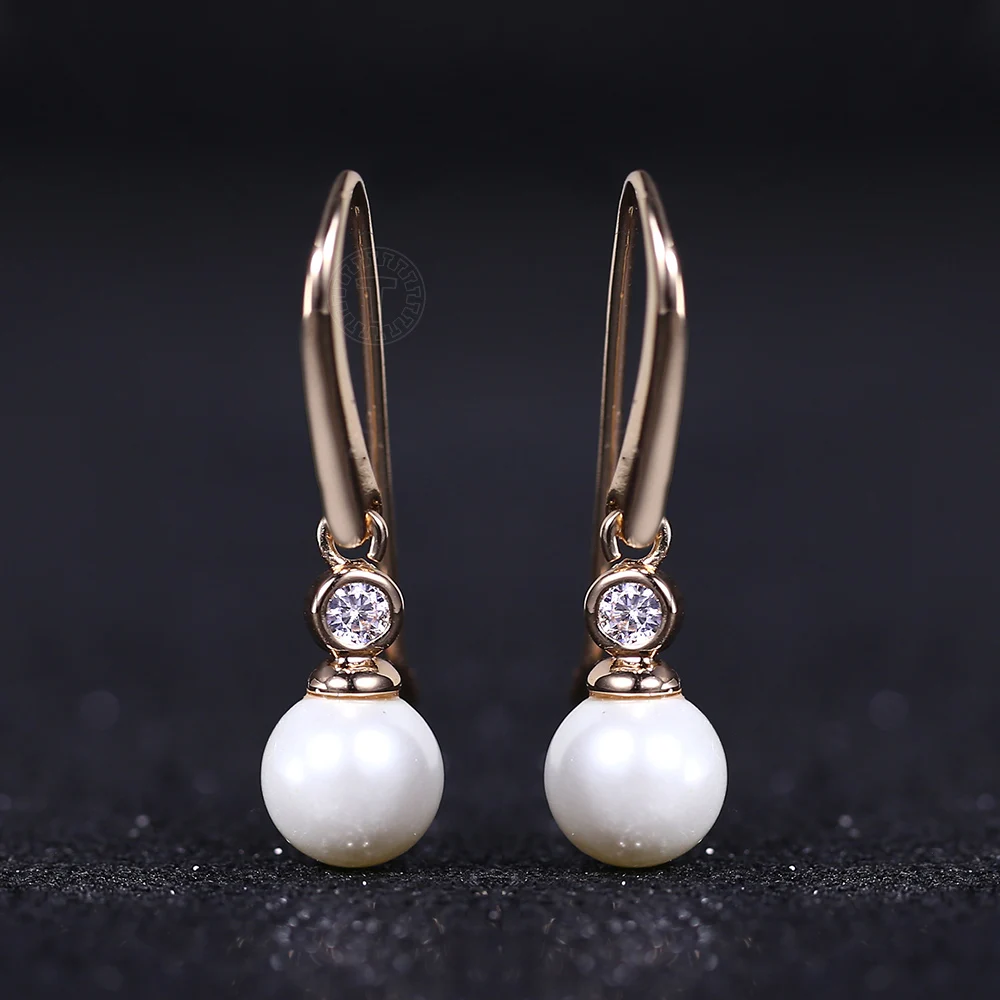 

Womens Drop Dangle Earrings Simulated Pearl Cubic Zircon Huggie Clear 585 Rose Gold Color Earrings for Women Girls LGE280A